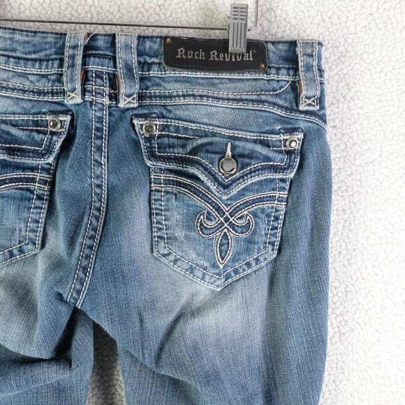 Rock Revival Jeans Mens 31x32  Straight Blue Stone Wash Whiskers Rhinestones - Picture 5 of 13